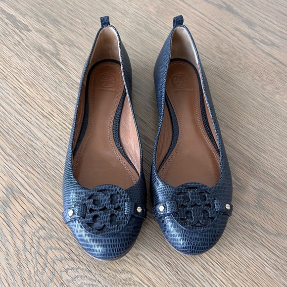 Tory Burch Mini Miller Leather Logo Flats Matte Micro Tejus Print Navy Blue 8.5 - Picture 4 of 13